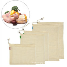 Reusable eco organic cotton fabric fruit mesh net bags with drawstring for grocery shopping fruit vegetable